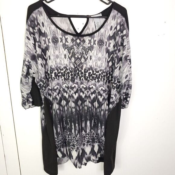 Catherines Top Womens Size 1X Studded Keyhole Back Abstract Dark Neutrals Tunic - Picture 1 of 10